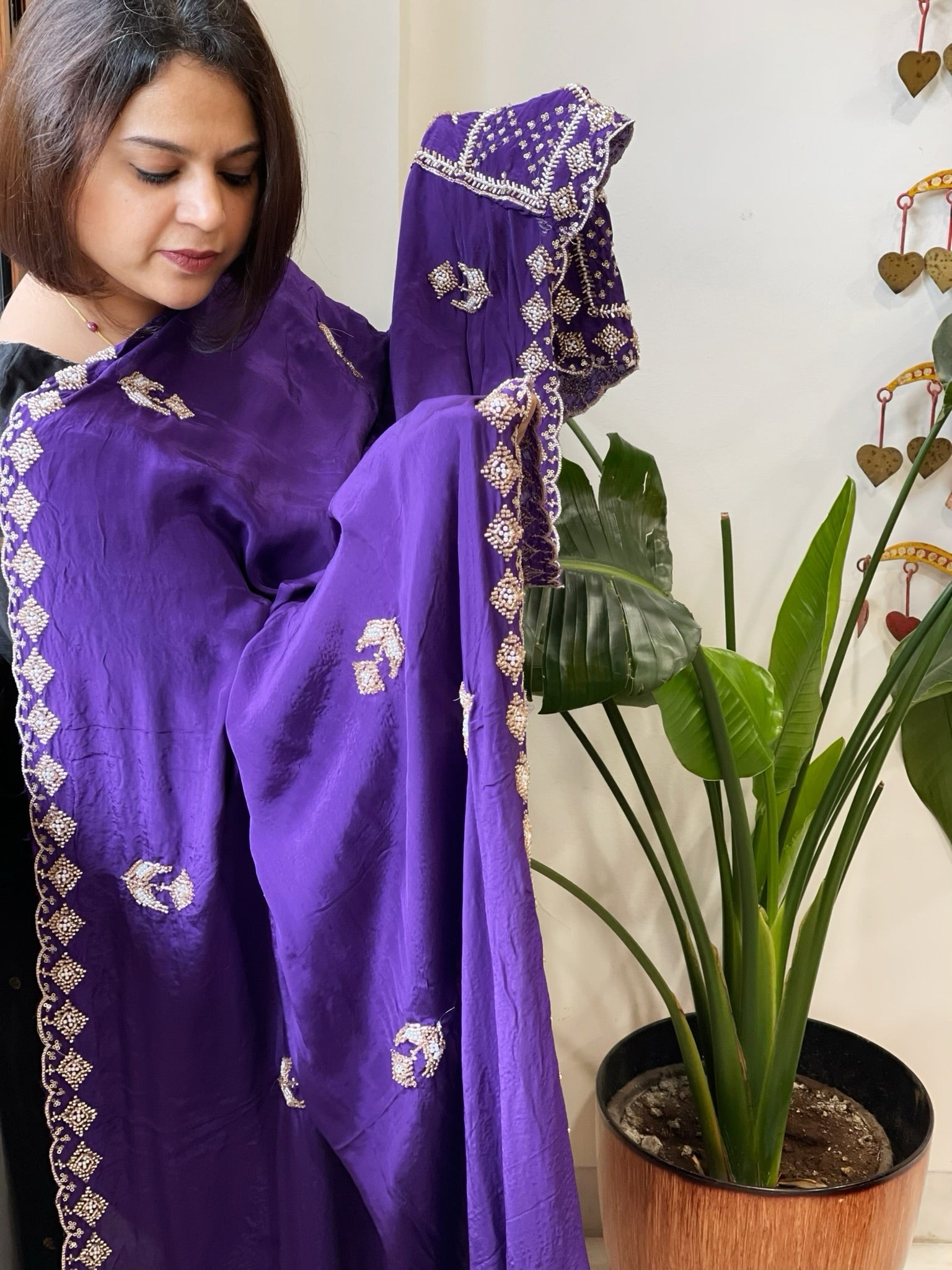 Purple Crepe Dupatta with Pearl, Cut Daana, Gold Thread & Sequin Embroidery - Masakalee