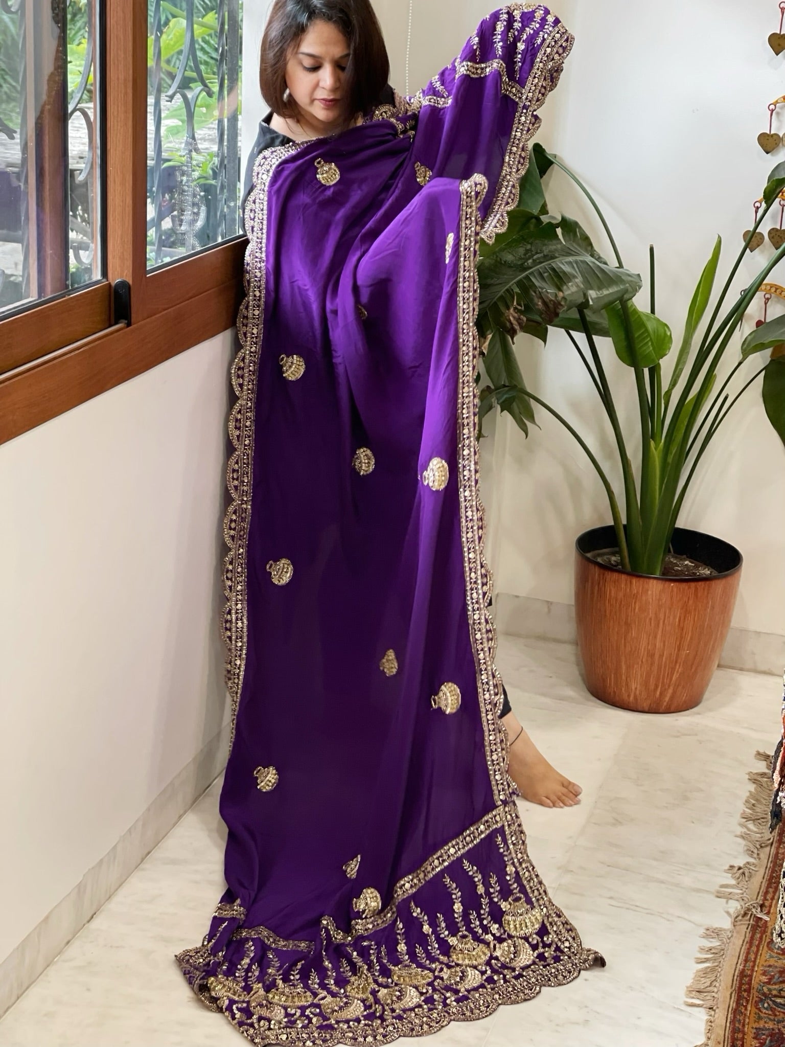 Purple Crepe Dupatta with Pearl, Cut Daana, Gold Thread & Sequin Embroidery - Masakalee