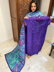 Purple Dupatta Set (Kurta+Dupatta) with Handblock Print in Pure Tussar Silk - Masakalee