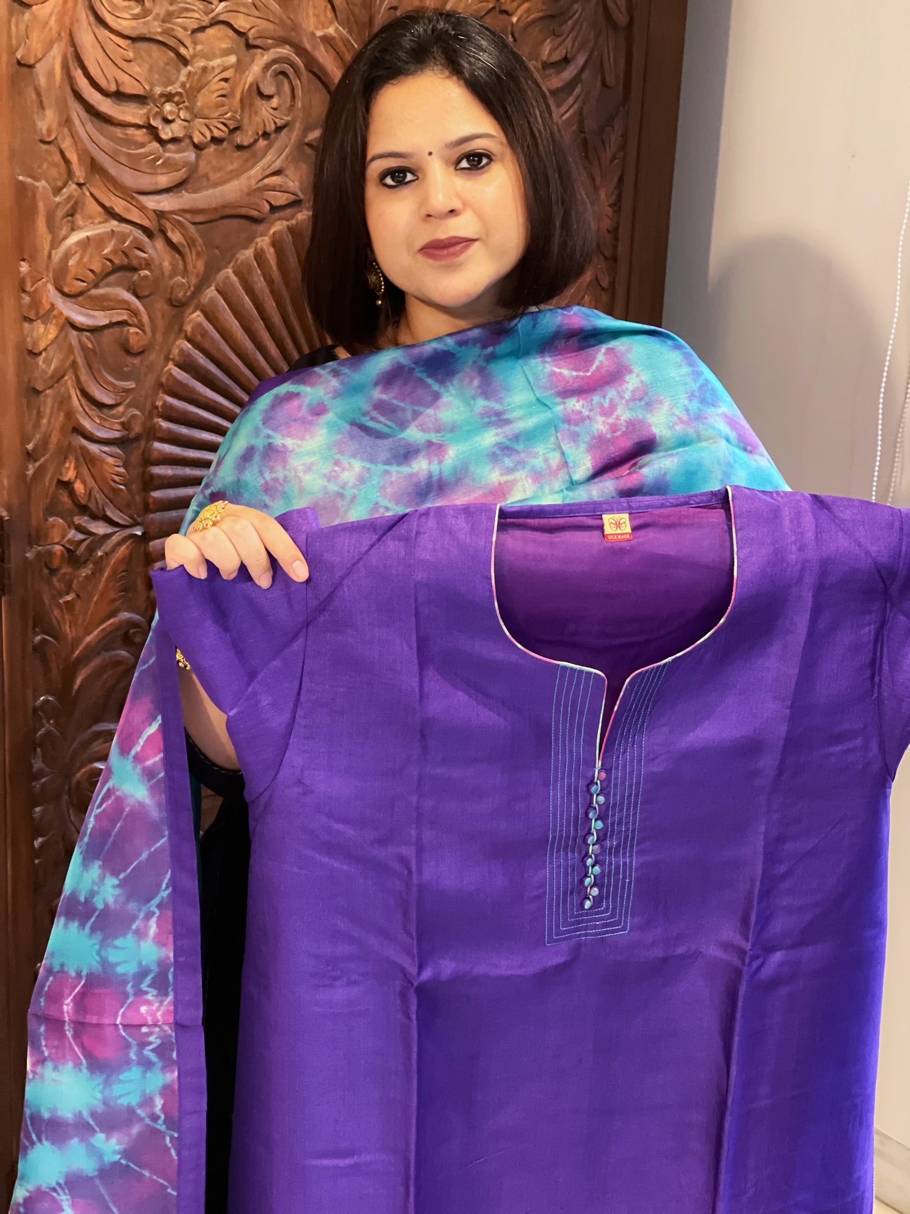 Purple Dupatta Set (Kurta+Dupatta) with Handblock Print in Pure Tussar Silk - Masakalee