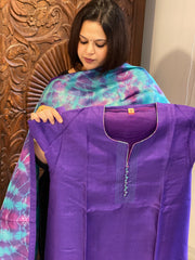 Purple Dupatta Set (Kurta+Dupatta) with Handblock Print in Pure Tussar Silk - Masakalee