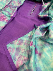 Purple Dupatta Set (Kurta+Dupatta) with Handblock Print in Pure Tussar Silk - Masakalee