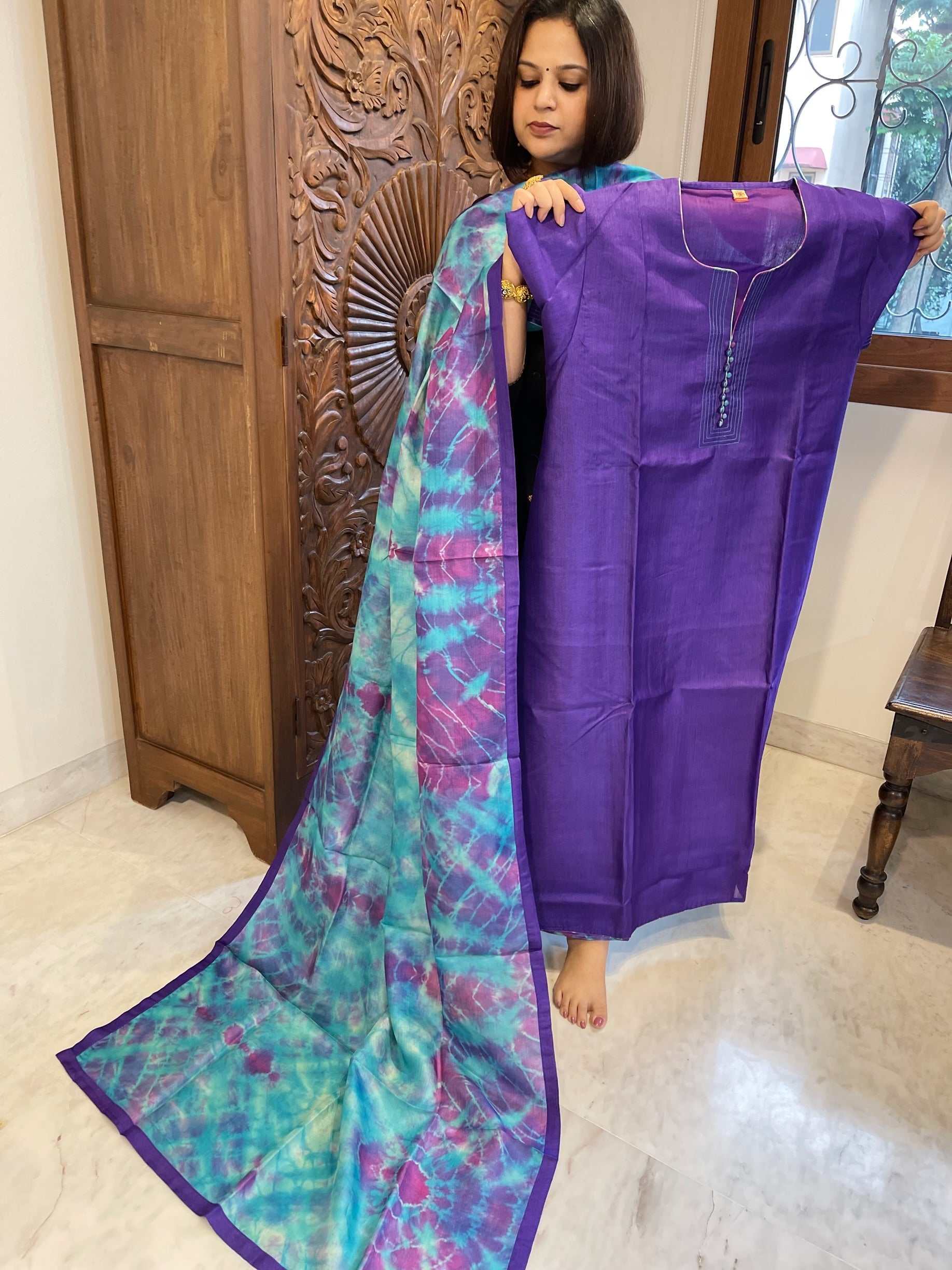 Purple Dupatta Set (Kurta+Dupatta) with Handblock Print in Pure Tussar Silk - Masakalee