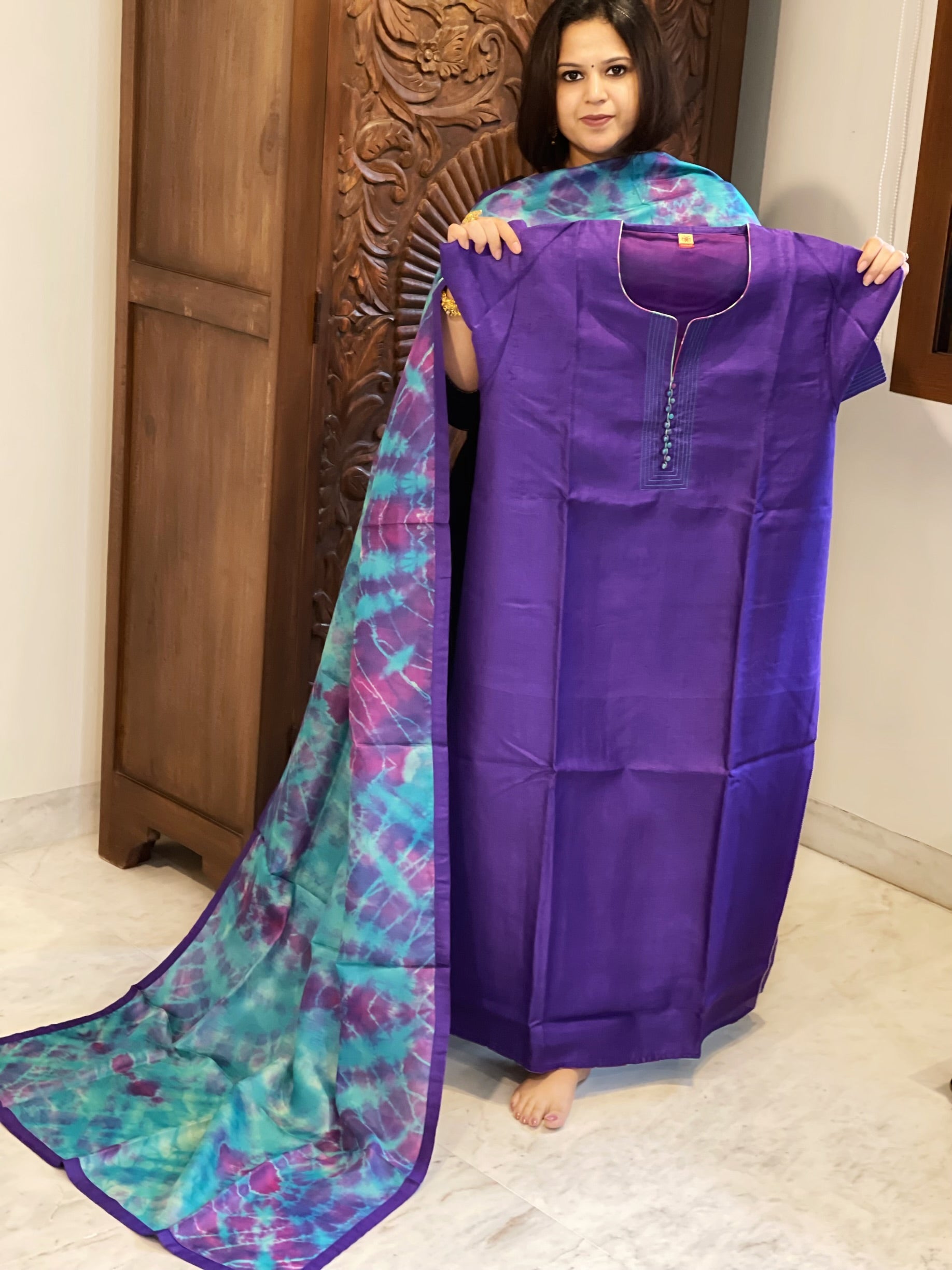 Purple Dupatta Set (Kurta+Dupatta) with Handblock Print in Pure Tussar Silk - Masakalee