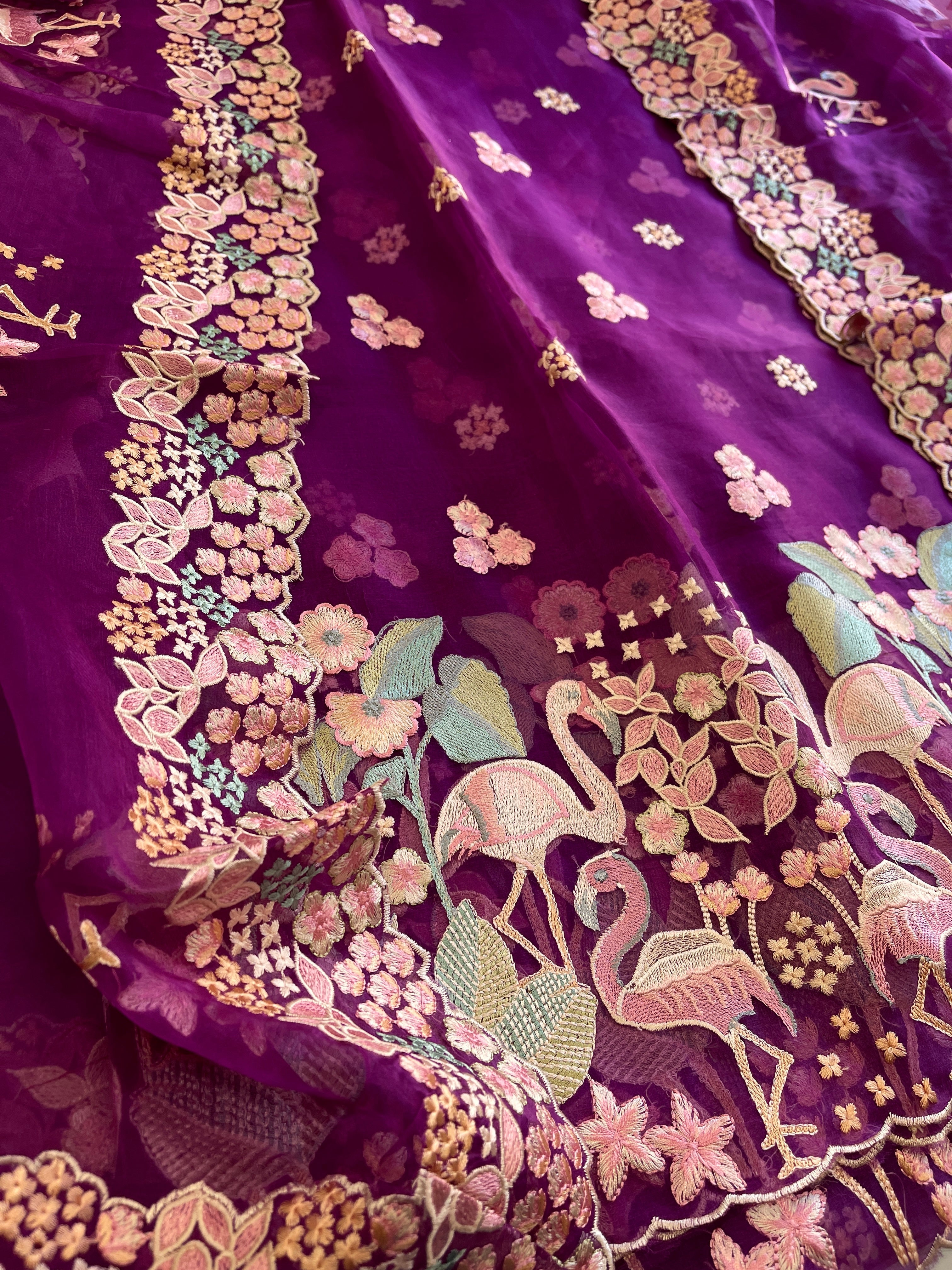 Purple Dupatta Set (Kurta+Dupatta) with Thread Embroidery in Pure Organza - Masakalee