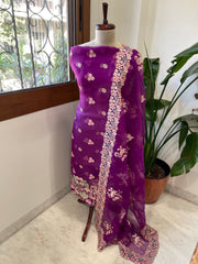 Purple Dupatta Set (Kurta+Dupatta) with Thread Embroidery in Pure Organza - Masakalee
