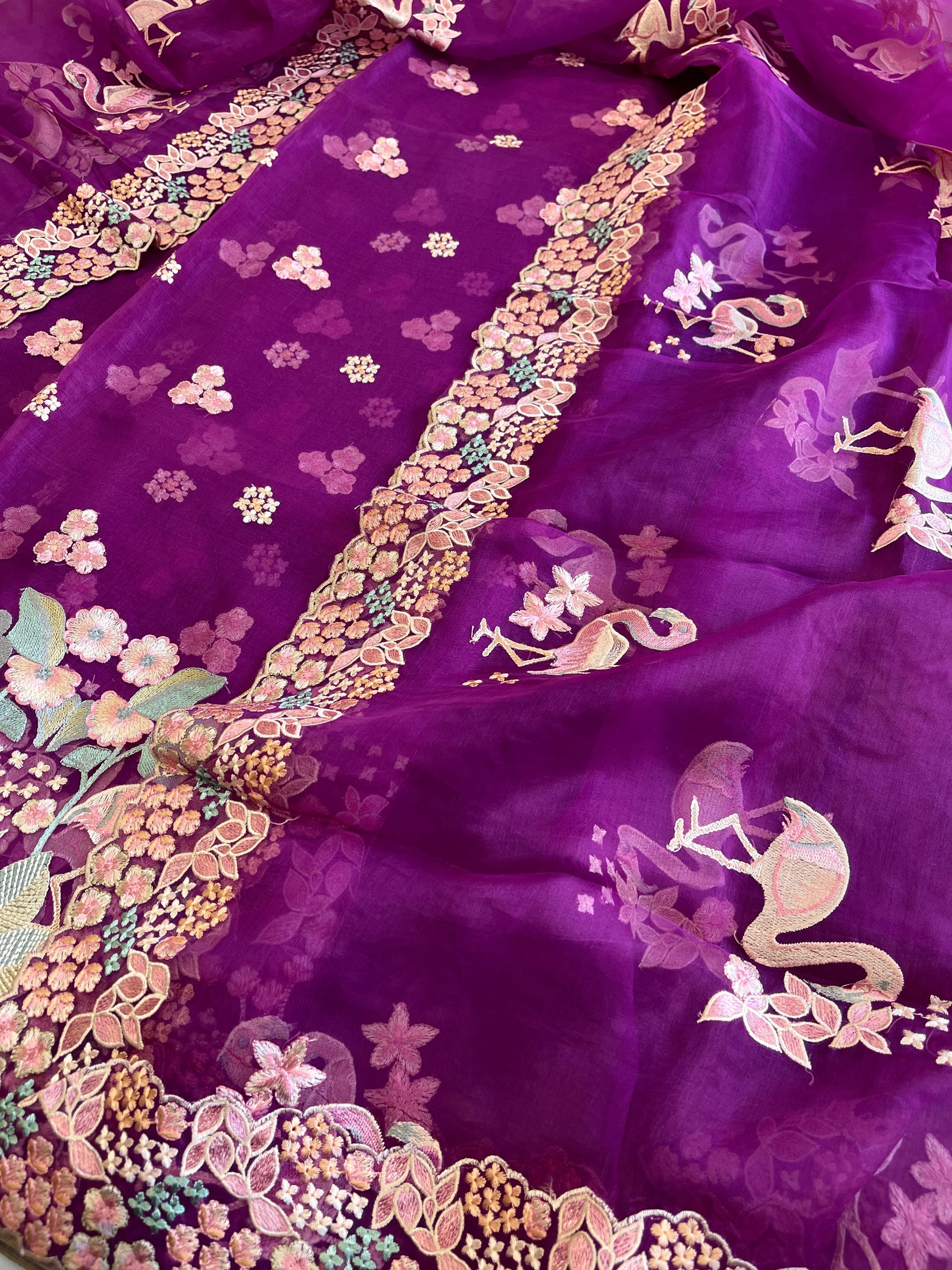Purple Dupatta Set (Kurta+Dupatta) with Thread Embroidery in Pure Organza - Masakalee