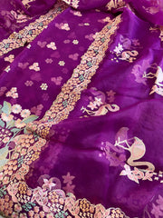 Purple Dupatta Set (Kurta+Dupatta) with Thread Embroidery in Pure Organza - Masakalee