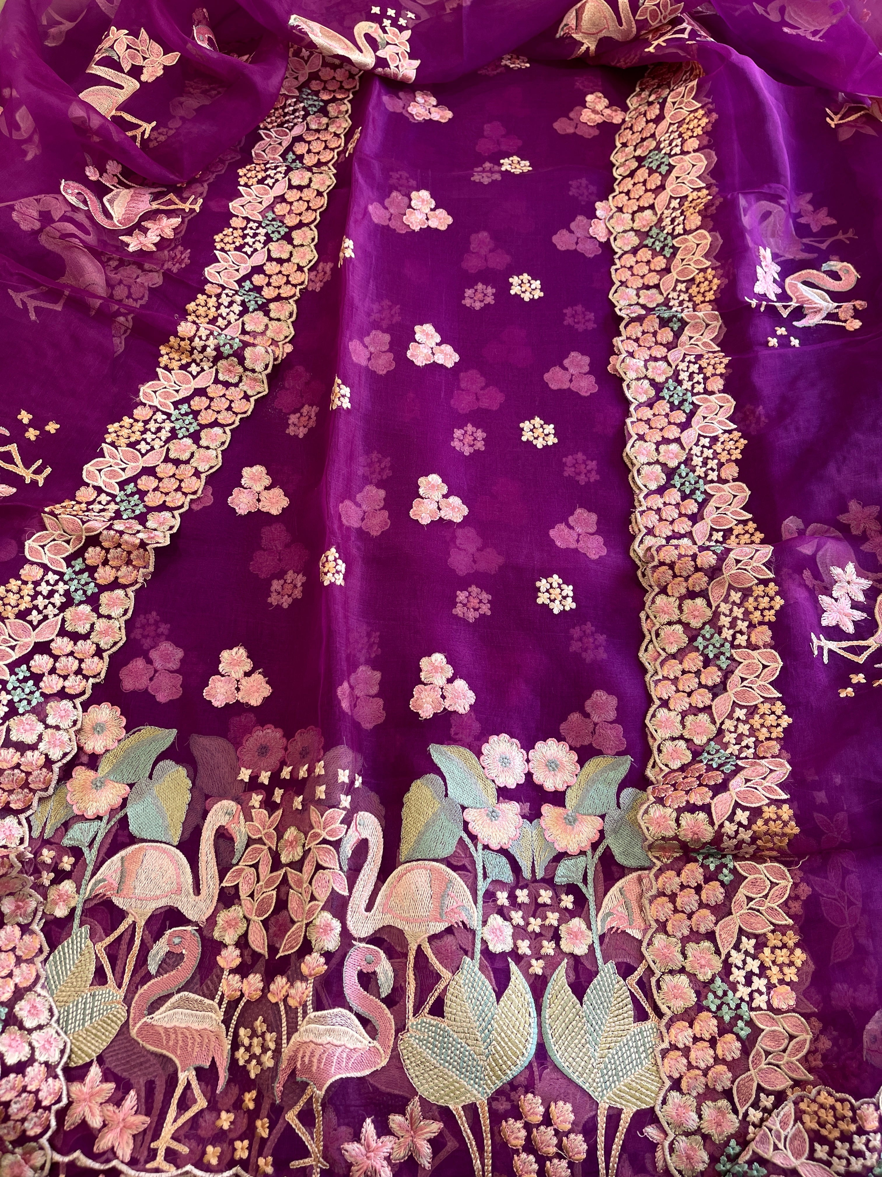 Purple Dupatta Set (Kurta+Dupatta) with Thread Embroidery in Pure Organza - Masakalee
