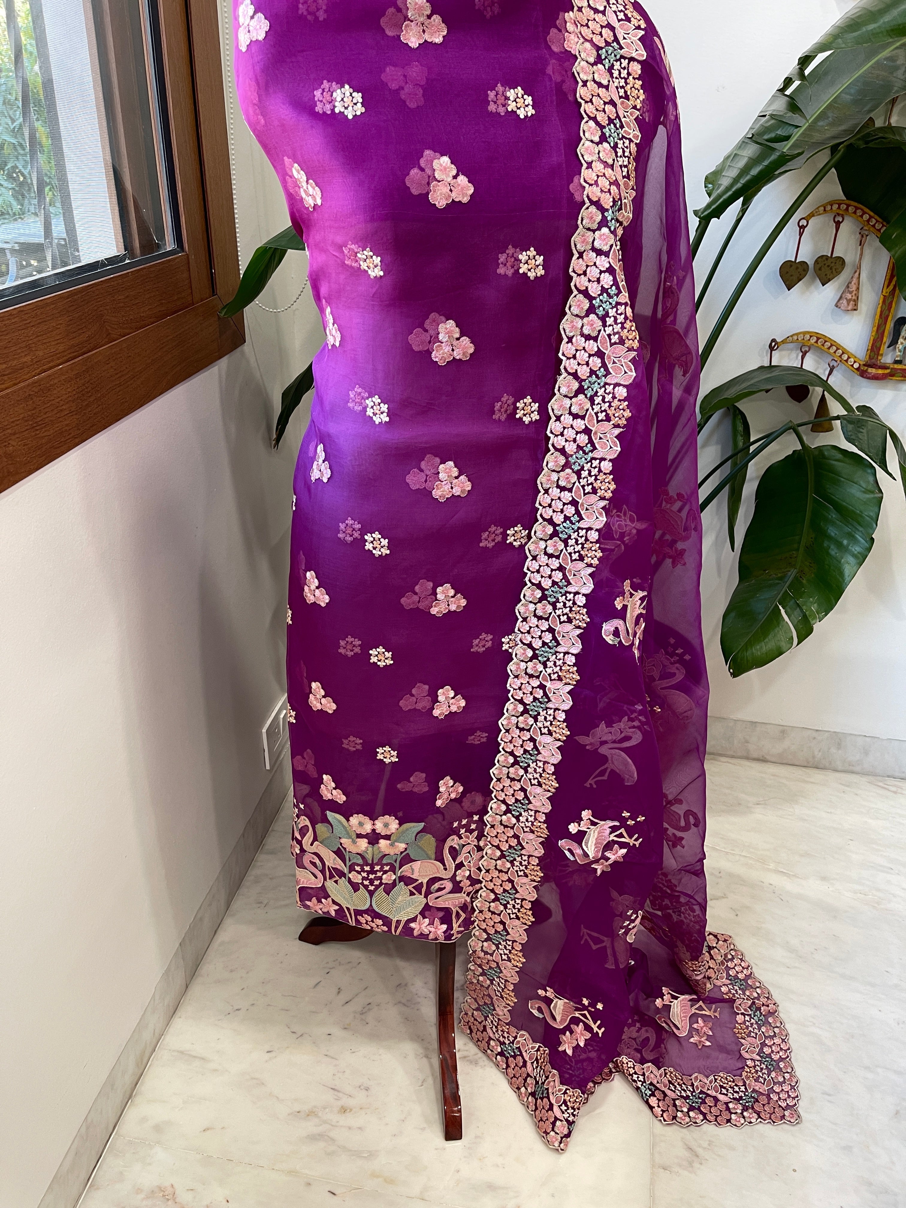 Purple Dupatta Set (Kurta+Dupatta) with Thread Embroidery in Pure Organza - Masakalee