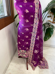 Purple Dupatta Set (Kurta+Dupatta) with Thread Embroidery in Pure Organza - Masakalee