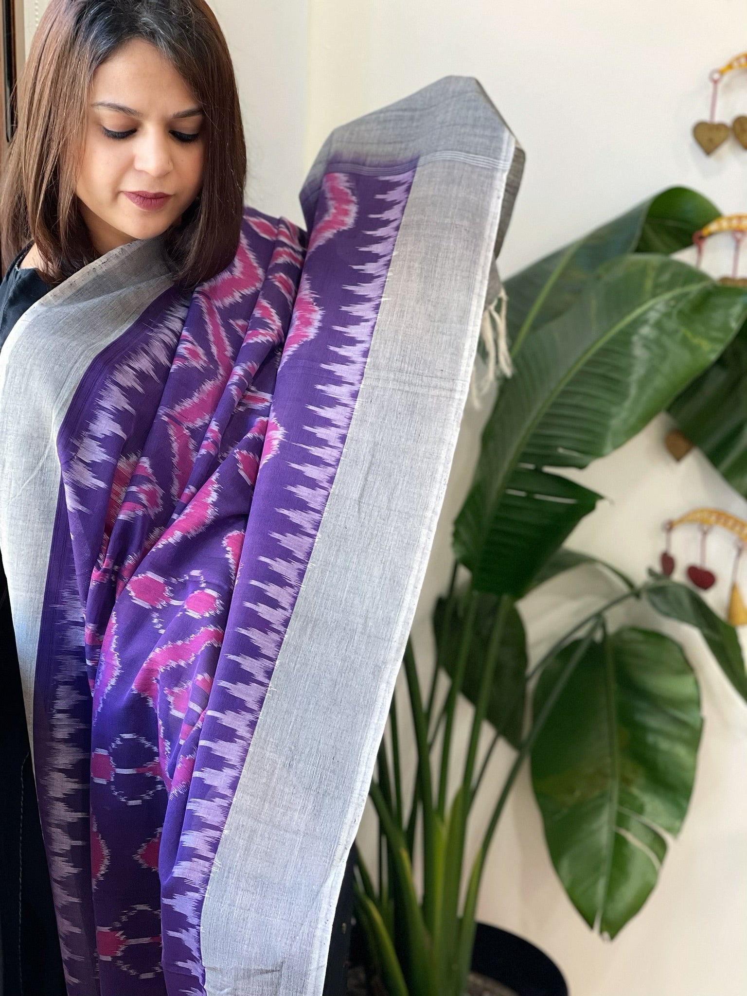Purple, Grey Handwoven Ikat Dupatta in Cotton - Masakalee