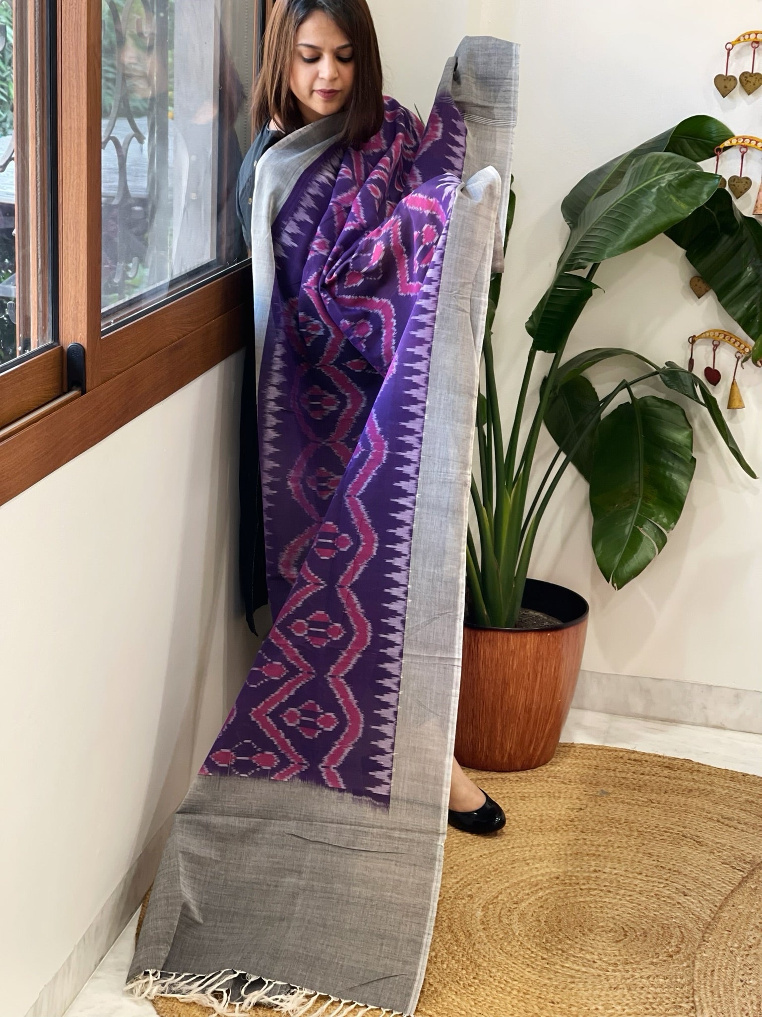 Purple, Grey Handwoven Ikat Dupatta in Cotton - Masakalee