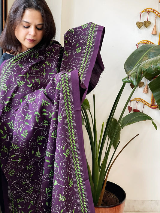 Purple Handmade Kantha Dupatta in Pure Cotton - Masakalee