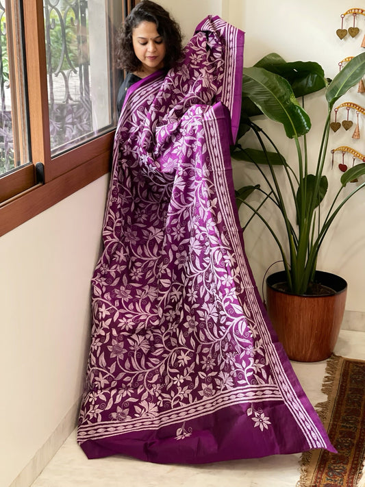 Purple Handmade Nakshi Kantha Dupatta in Pure Silk - Masakalee