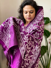 Purple Handmade Nakshi Kantha Dupatta in Pure Silk - Masakalee
