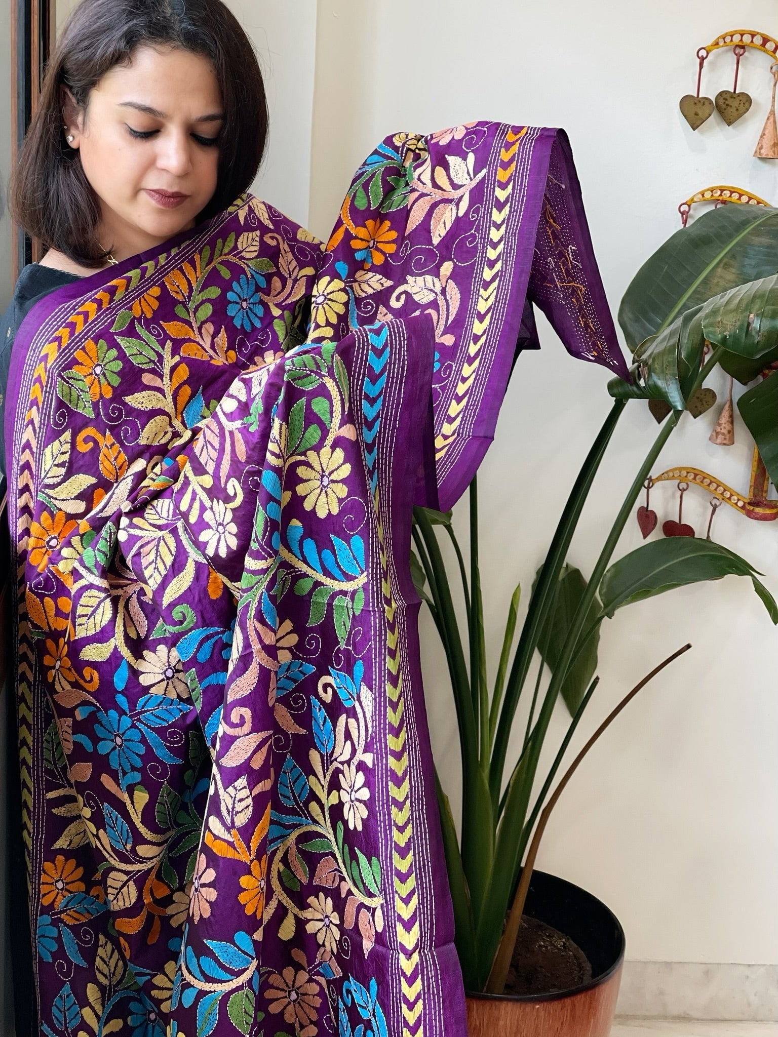 Purple Handmade Nakshi Kantha Dupatta in Pure Silk - Masakalee