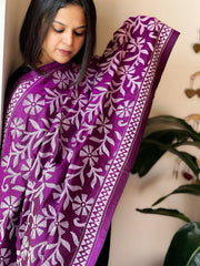 Purple Handmade Nakshi Kantha Dupatta in Pure Silk - Masakalee