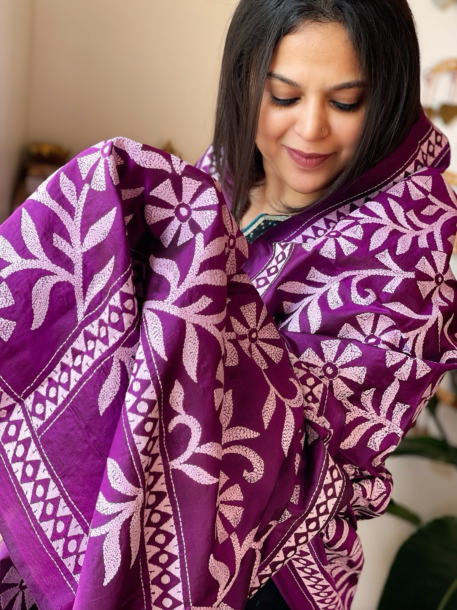 Purple Handmade Nakshi Kantha Dupatta in Pure Silk - Masakalee