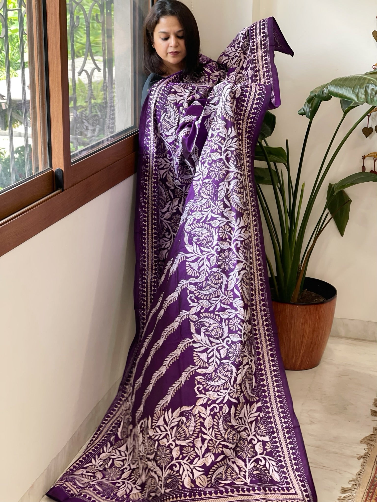 Purple Handmade Nakshi Kantha Dupatta in Pure Silk - Masakalee