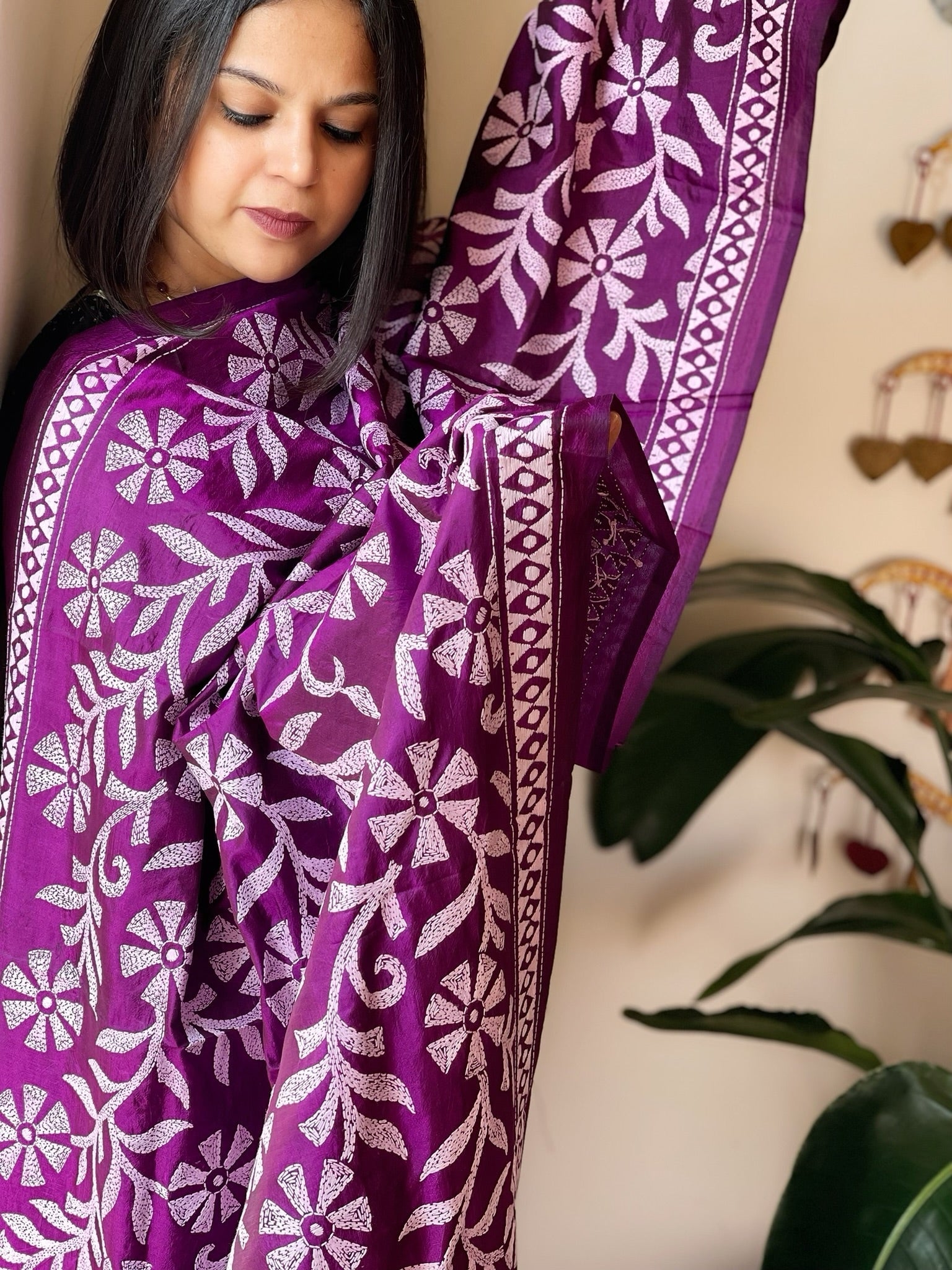 Purple Handmade Nakshi Kantha Dupatta in Pure Silk - Masakalee