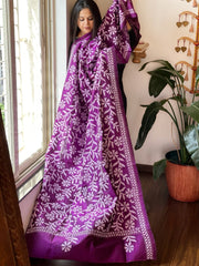 Purple Handmade Nakshi Kantha Dupatta in Pure Silk - Masakalee