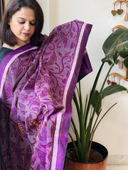 Purple Handmade Reverse Nakshi Kantha Dupatta in Pure Silk - Masakalee