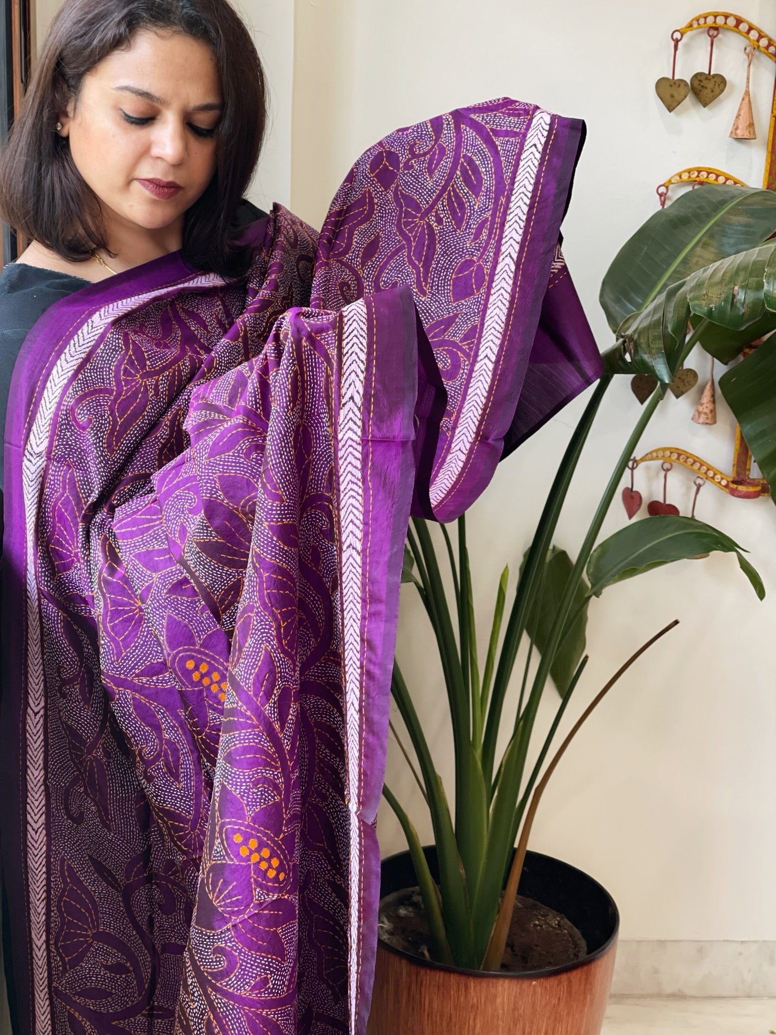 Purple Handmade Reverse Nakshi Kantha Dupatta in Pure Silk - Masakalee