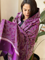 Purple Handmade Reverse Nakshi Kantha Dupatta in Pure Silk - Masakalee