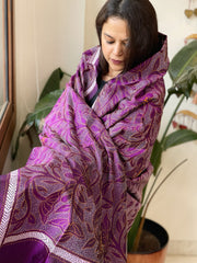Purple Handmade Reverse Nakshi Kantha Dupatta in Pure Silk - Masakalee