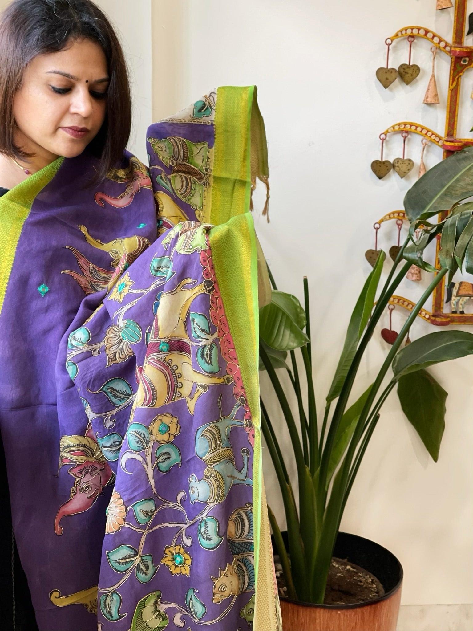 Purple Handpainted Kalamkari Dupatta with Thread & Mirror Handwork in Chanderi Silk - Masakalee