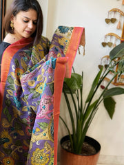 Purple Handpainted Kalamkari Dupatta with Thread & Mirror Handwork in Chanderi Silk - Masakalee