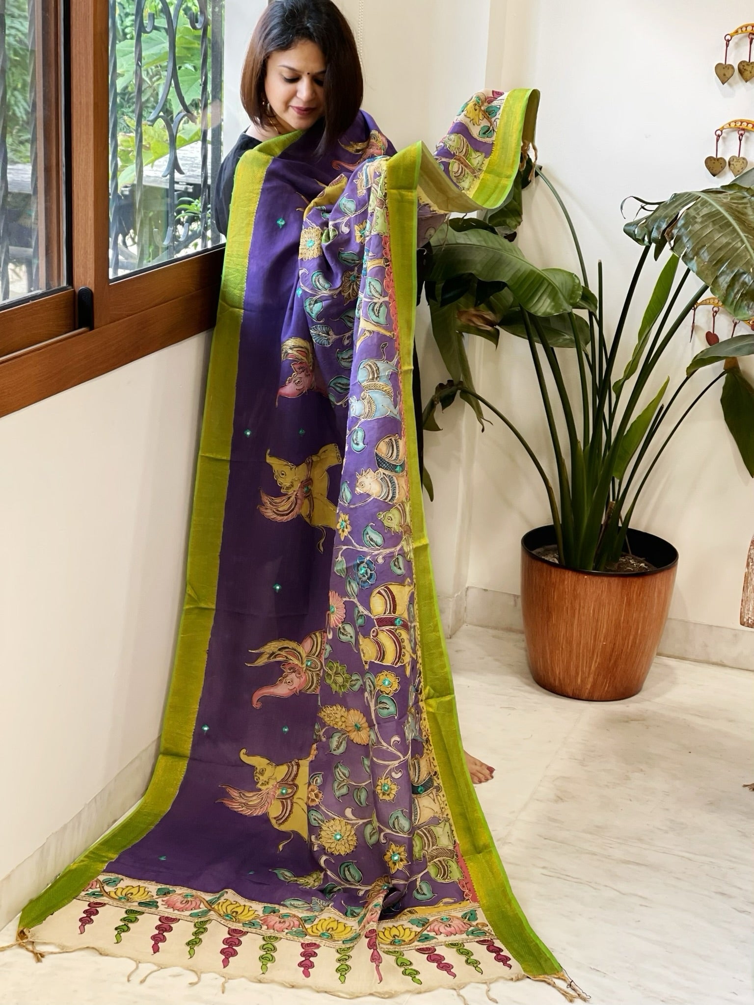 Purple Handpainted Kalamkari Dupatta with Thread & Mirror Handwork in Chanderi Silk - Masakalee