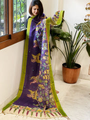 Purple Handpainted Kalamkari Dupatta with Thread & Mirror Handwork in Chanderi Silk - Masakalee