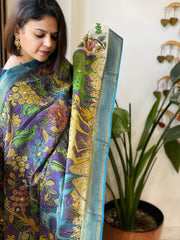 Purple Handpainted Kalamkari Dupatta with Thread & Mirror Handwork in Chanderi Silk - Masakalee