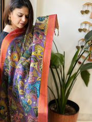 Purple Handpainted Kalamkari Dupatta with Thread & Mirror Handwork in Chanderi Silk - Masakalee