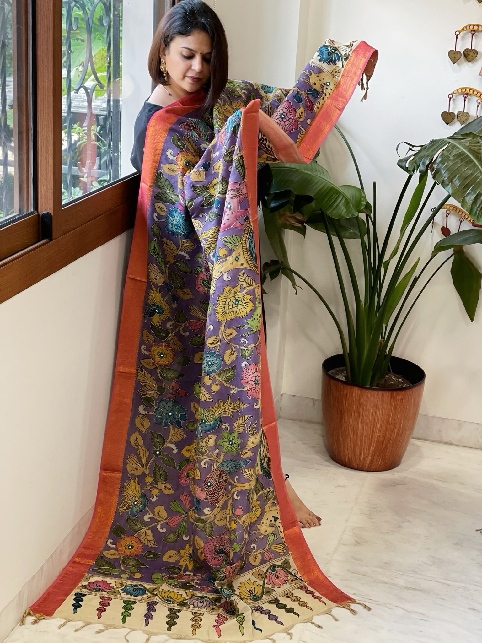 Purple Handpainted Kalamkari Dupatta with Thread & Mirror Handwork in Chanderi Silk - Masakalee