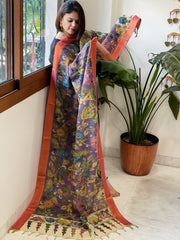 Purple Handpainted Kalamkari Dupatta with Thread & Mirror Handwork in Chanderi Silk - Masakalee