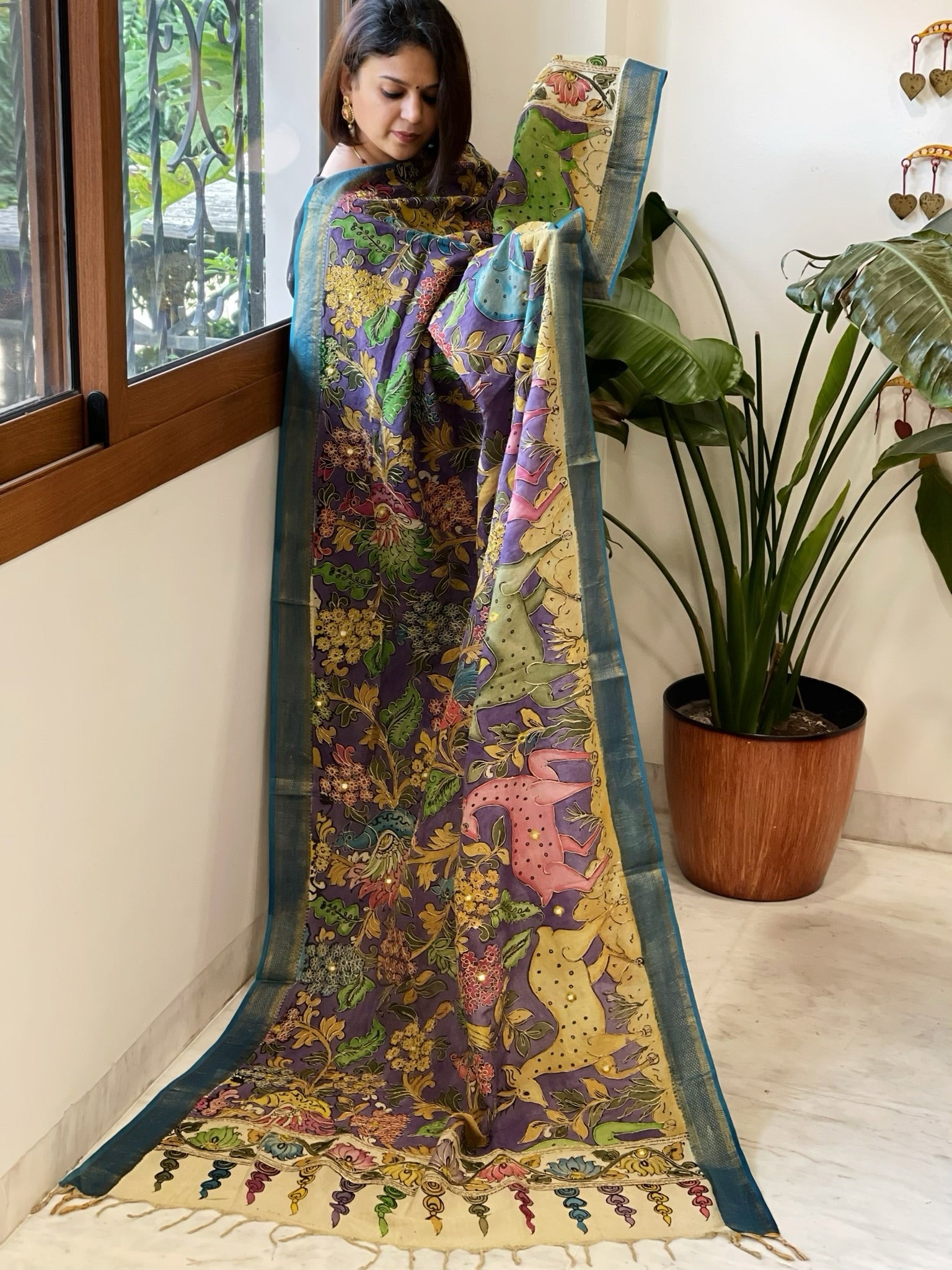 Purple Handpainted Kalamkari Dupatta with Thread & Mirror Handwork in Chanderi Silk - Masakalee