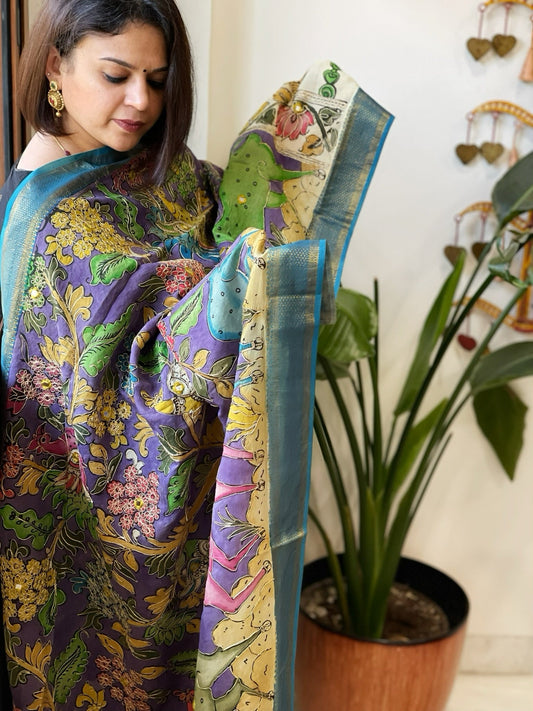 Purple Handpainted Kalamkari Dupatta with Thread & Mirror Handwork in Chanderi Silk - Masakalee