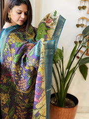 Purple Handpainted Kalamkari Dupatta with Thread & Mirror Handwork in Chanderi Silk - Masakalee