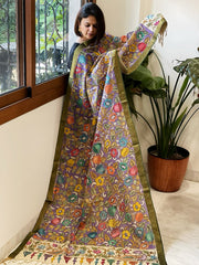 Purple Handpainted Kalamkari Dupatta with Thread & Mirror Handwork in Chanderi Silk - Masakalee