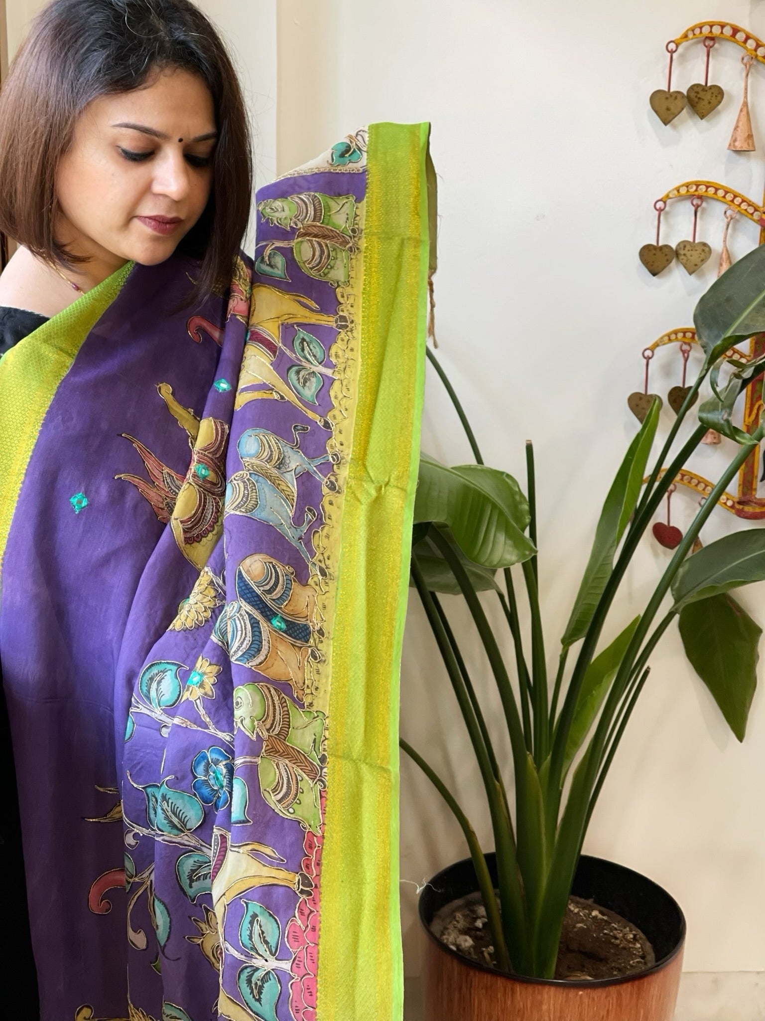 Purple Handpainted Kalamkari Dupatta with Thread & Mirror Handwork in Chanderi Silk - Masakalee
