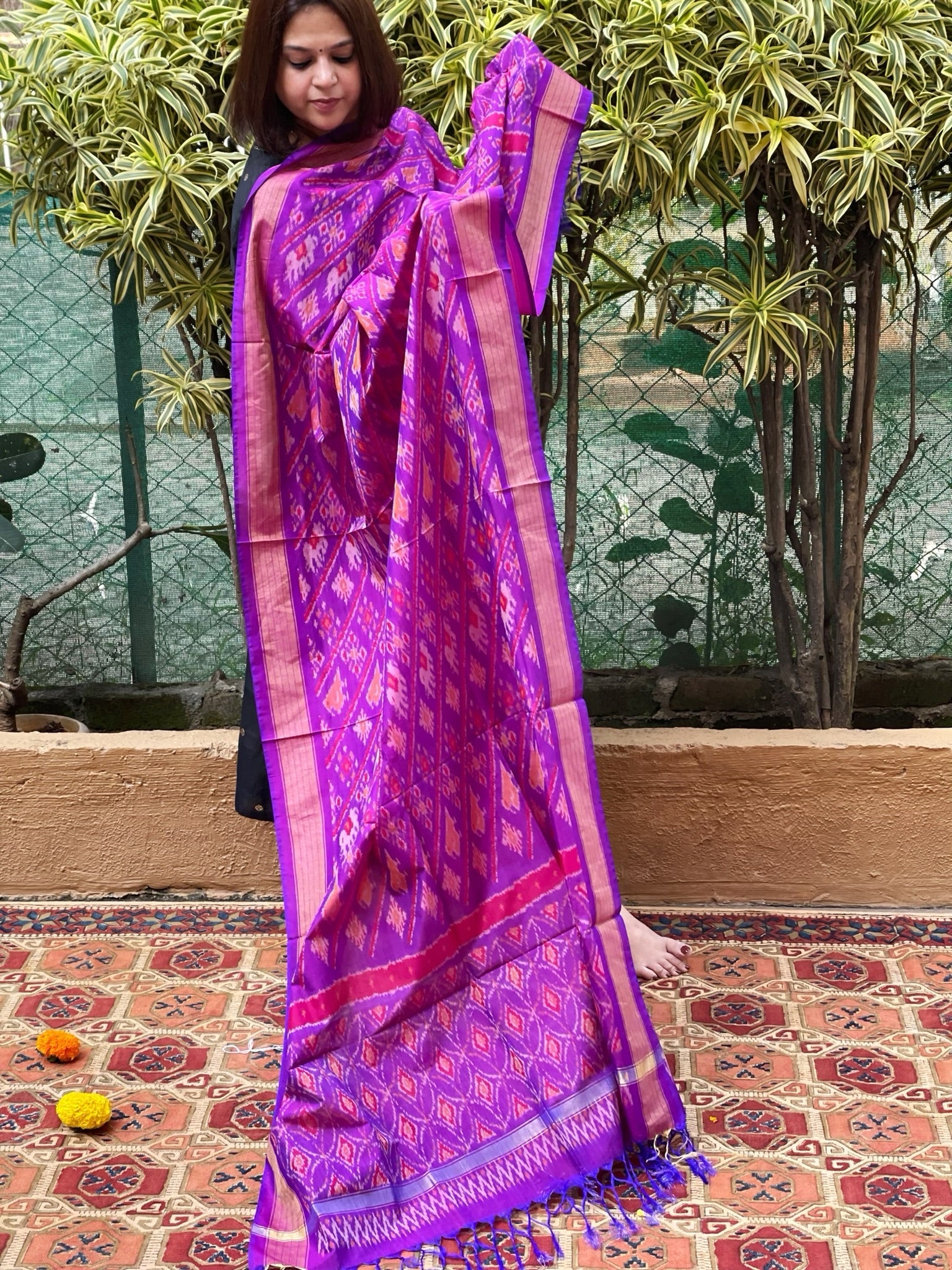 Purple Handwoven Ikat Dupatta Pure Silk - Cotton - Masakalee