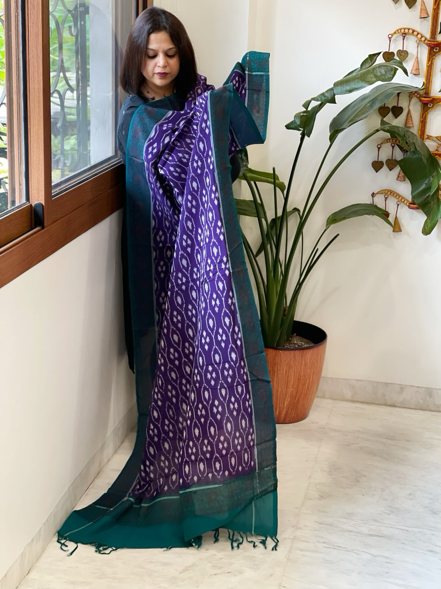 Purple Handwoven Ikat Dupatta with Handpainted Madhubani in Cotton - Masakalee