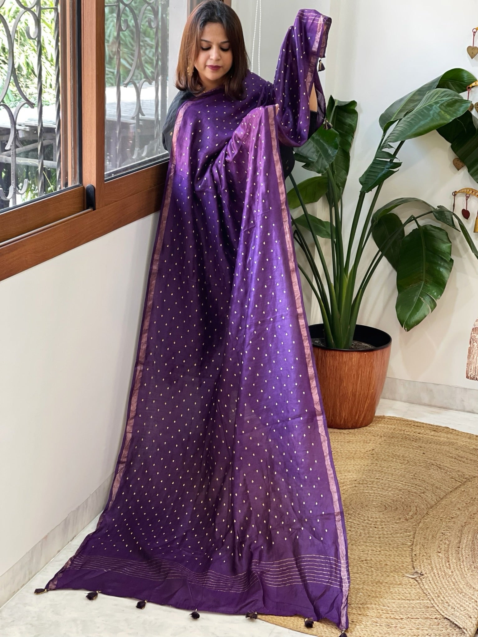 Purple Handwoven Muga Silk dupattas with Hand Embroidery - Masakalee
