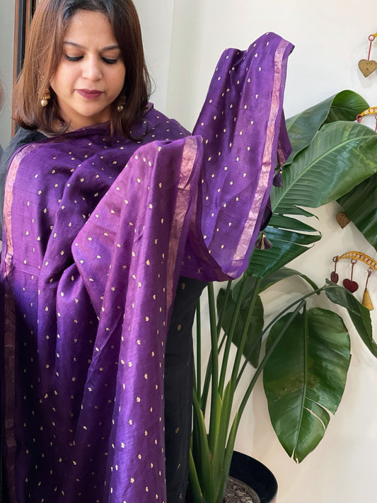 Purple Handwoven Muga Silk dupattas with Hand Embroidery - Masakalee