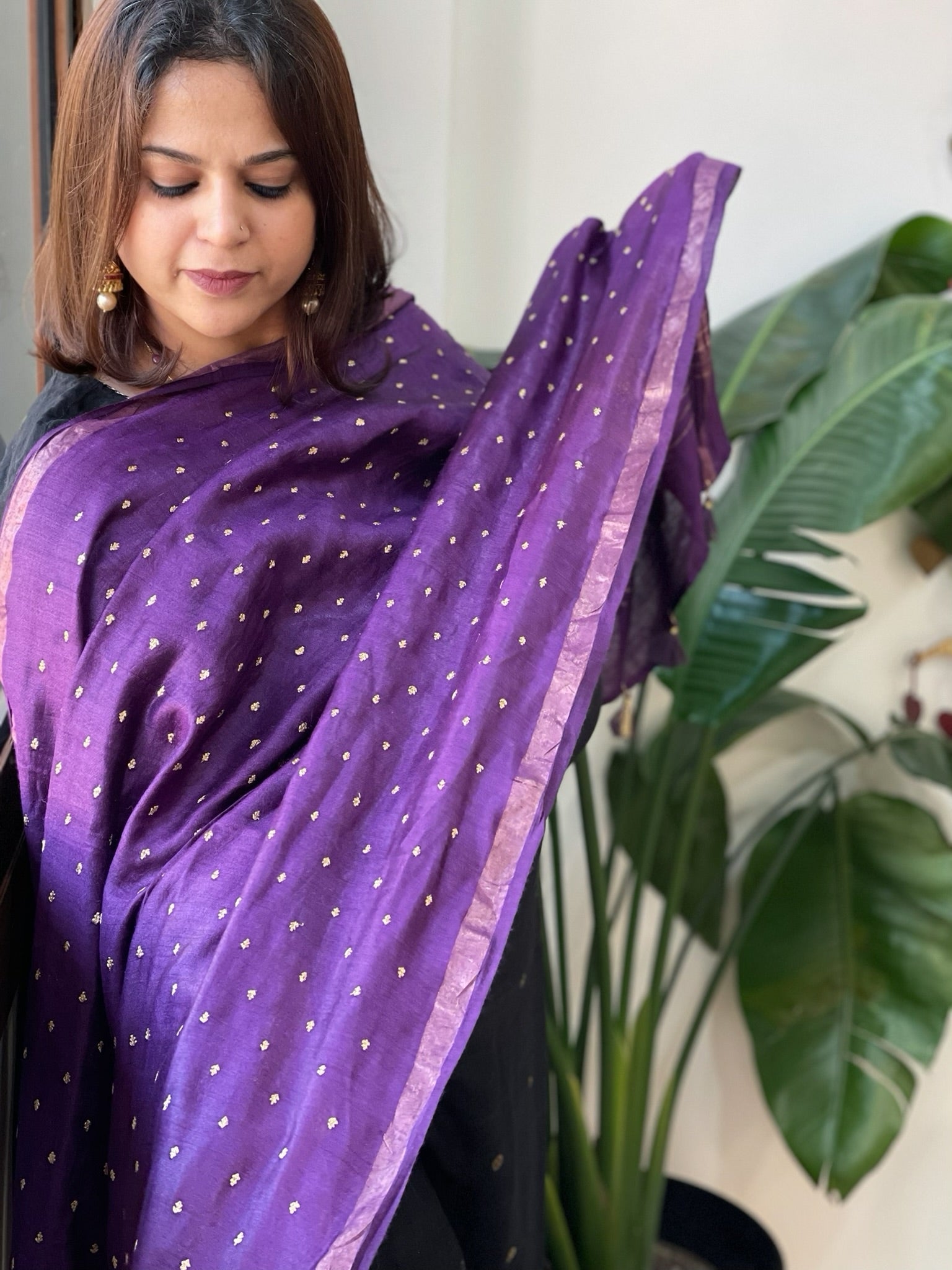 Purple Handwoven Muga Silk dupattas with Hand Embroidery - Masakalee