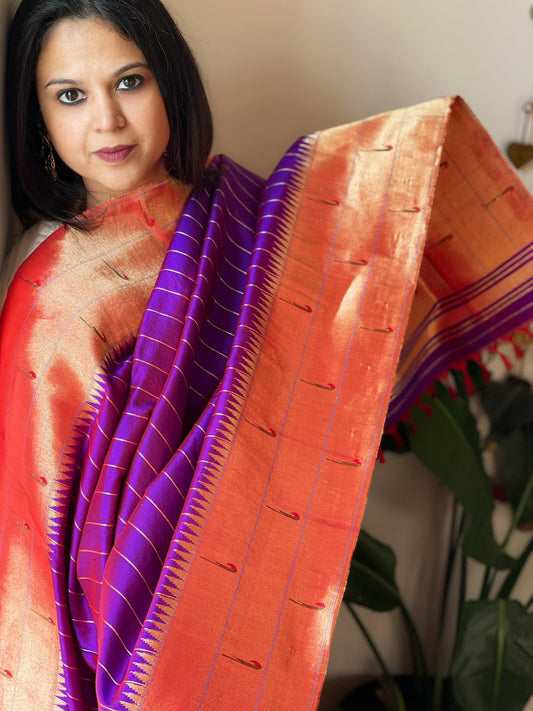 Purple Handwoven Triple Zari Border Paithani Dupatta in Pure Silk - Masakalee