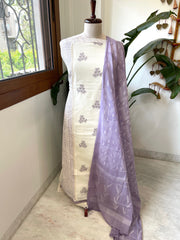 Purple, Ivory Handblock Printed Embroidered Suit Set with Lace Detailing in Pure Cotton - Masakalee